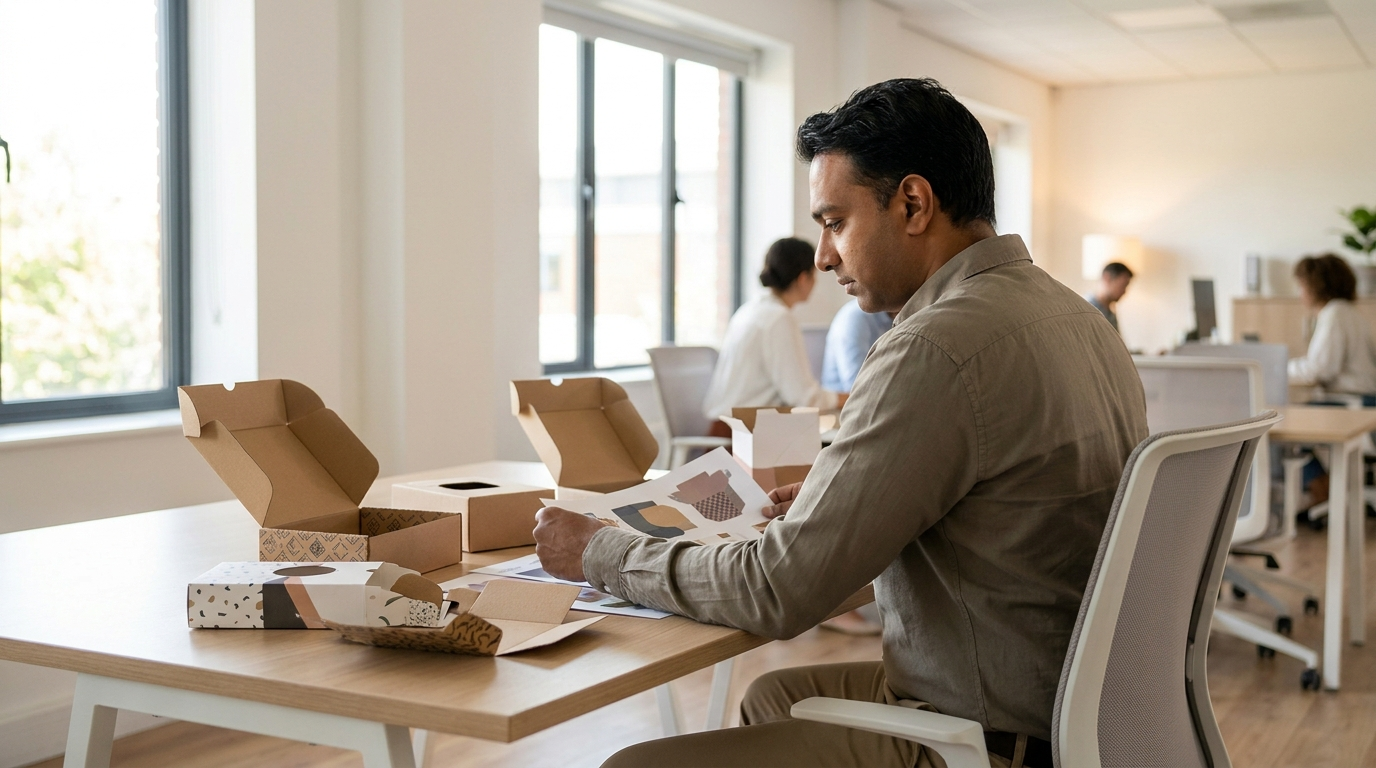Ecommerce brand founder reviewing packaging designs for white label products at a modern brand studio desk.