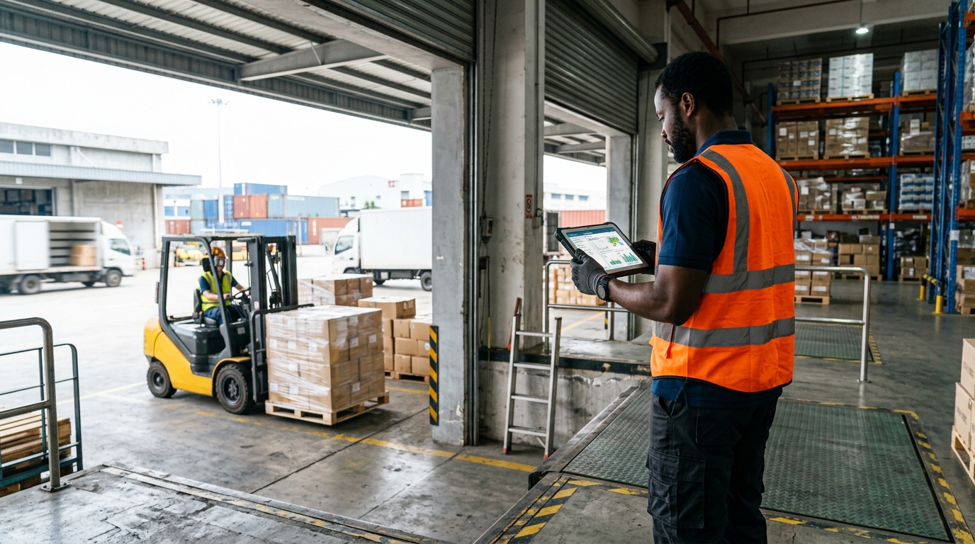 China warehouse manager at loading dock reviewing FOB export shipment with cargo pallets ready for international buyer despatch.