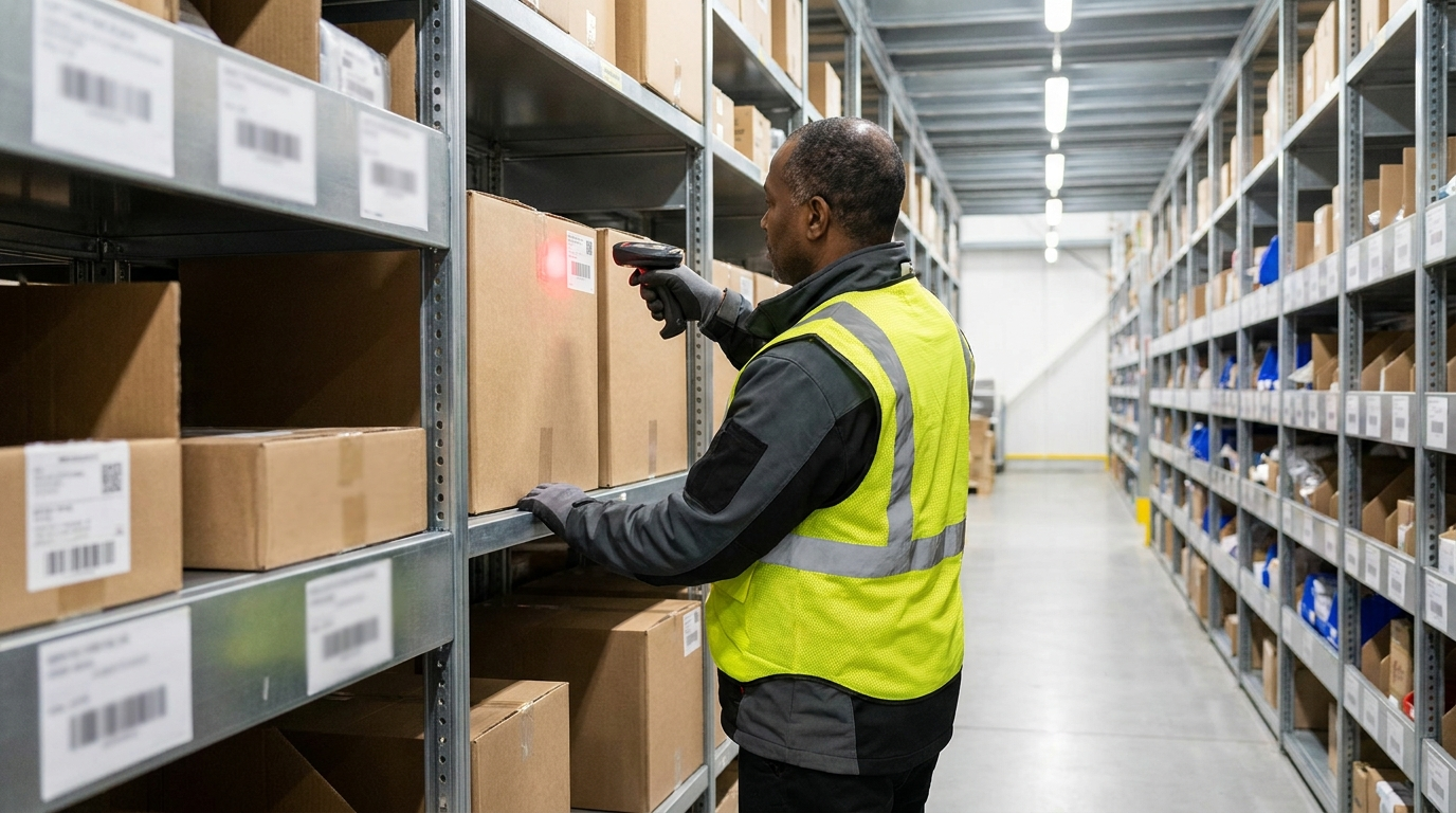 Warehouse manager scanning inventory in ecommerce fulfilment centre supporting accurate inventory turnover ratio measurement.