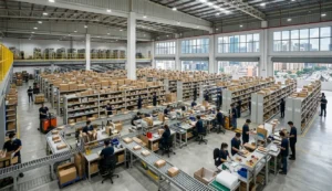Modern ecommerce fulfilment centre warehouse in Asia with organised packing and shipping stations