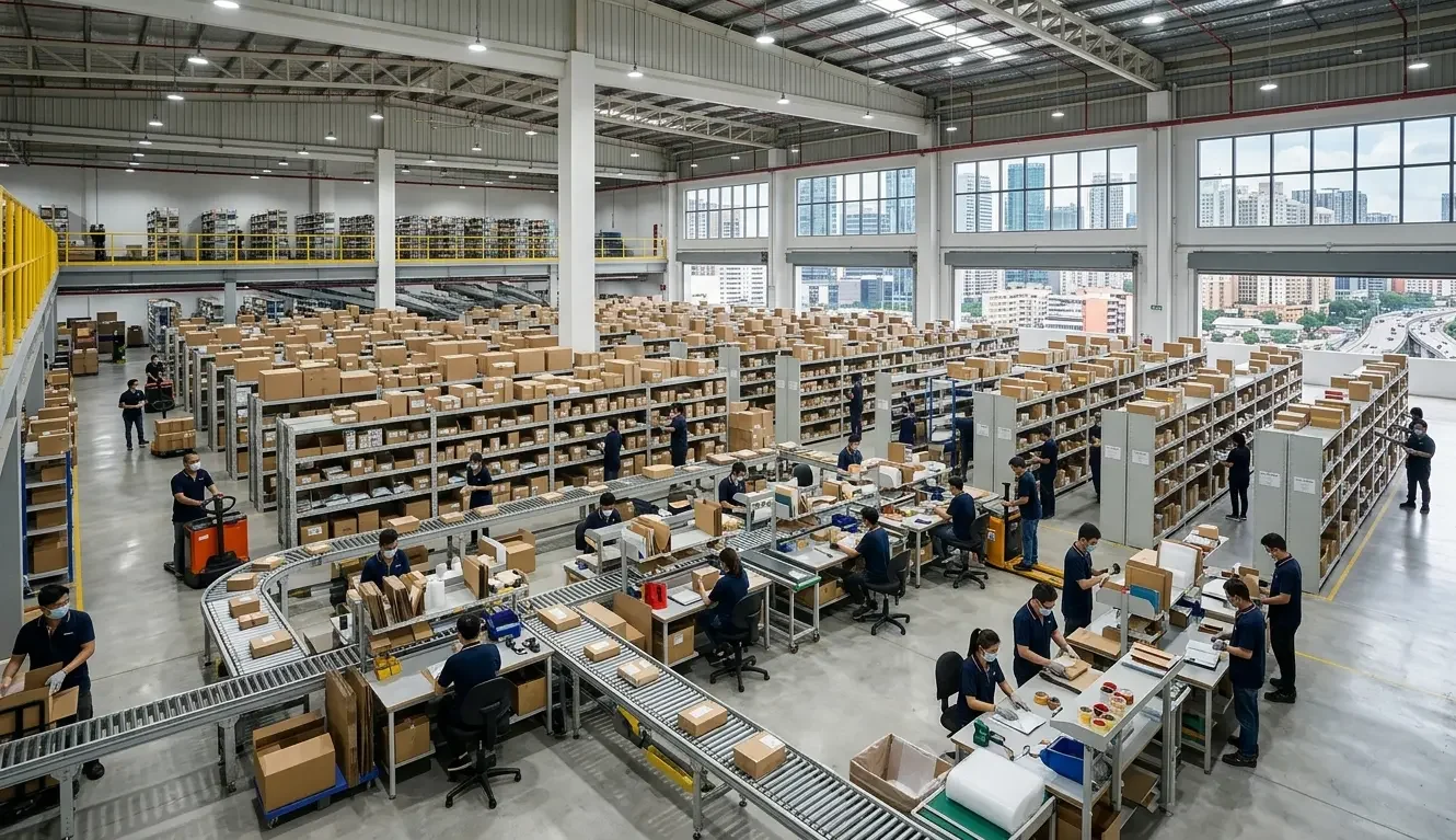 Modern ecommerce fulfilment centre warehouse in Asia with organised packing and shipping stations