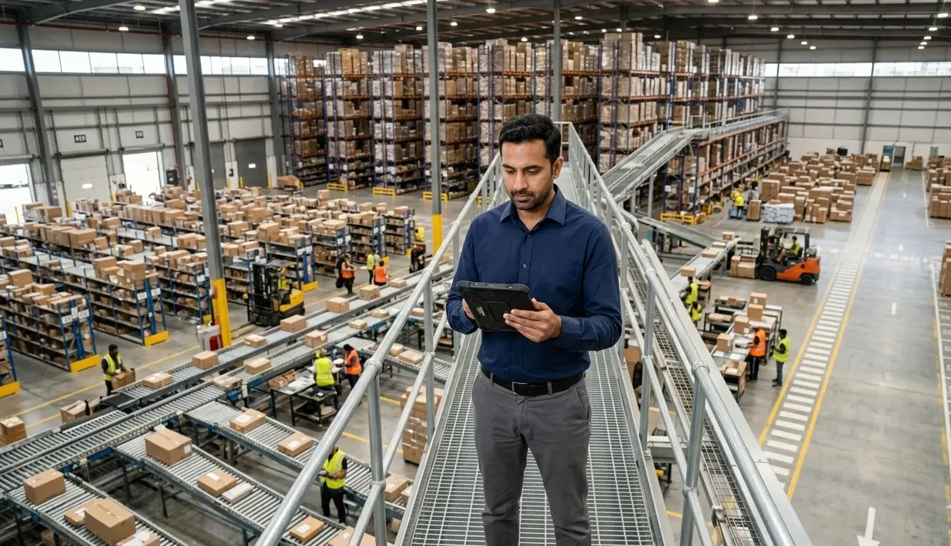 Operations manager reviewing warehousing solutions inventory data on tablet inside modern fulfilment centre