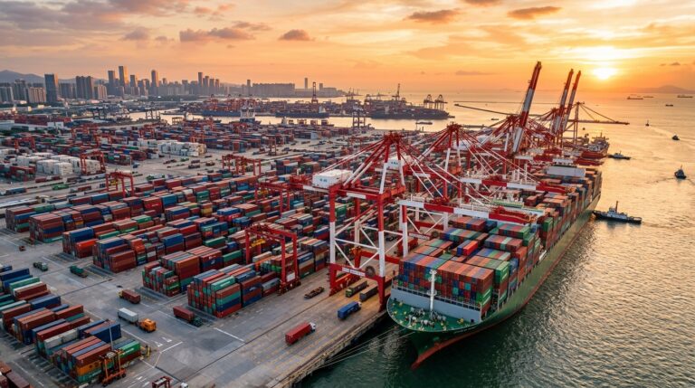 Container ship at Chinese port terminal showing the FOB shipping handover point where cost and risk transfer to the buyer.