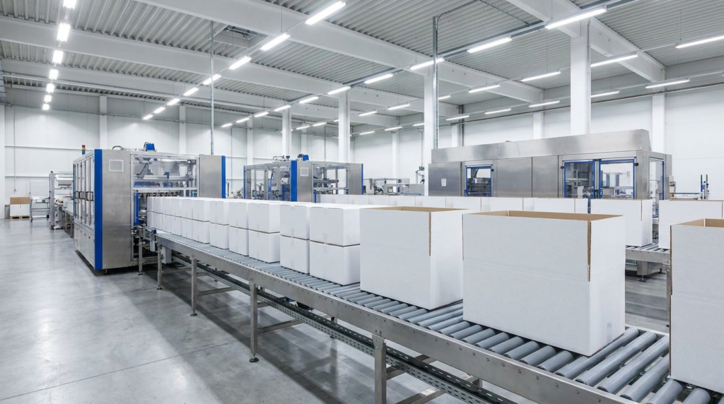 Unbranded product boxes on manufacturing conveyor belt illustrating what is white label before brand packaging is applied.
