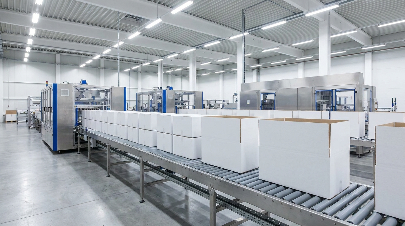 Unbranded product boxes on manufacturing conveyor belt illustrating what is white label before brand packaging is applied.