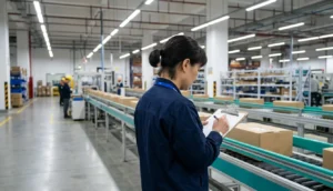 Quality inspector checks a factory production run in Guangdong, where supplier minimum order quantity rules shape output
