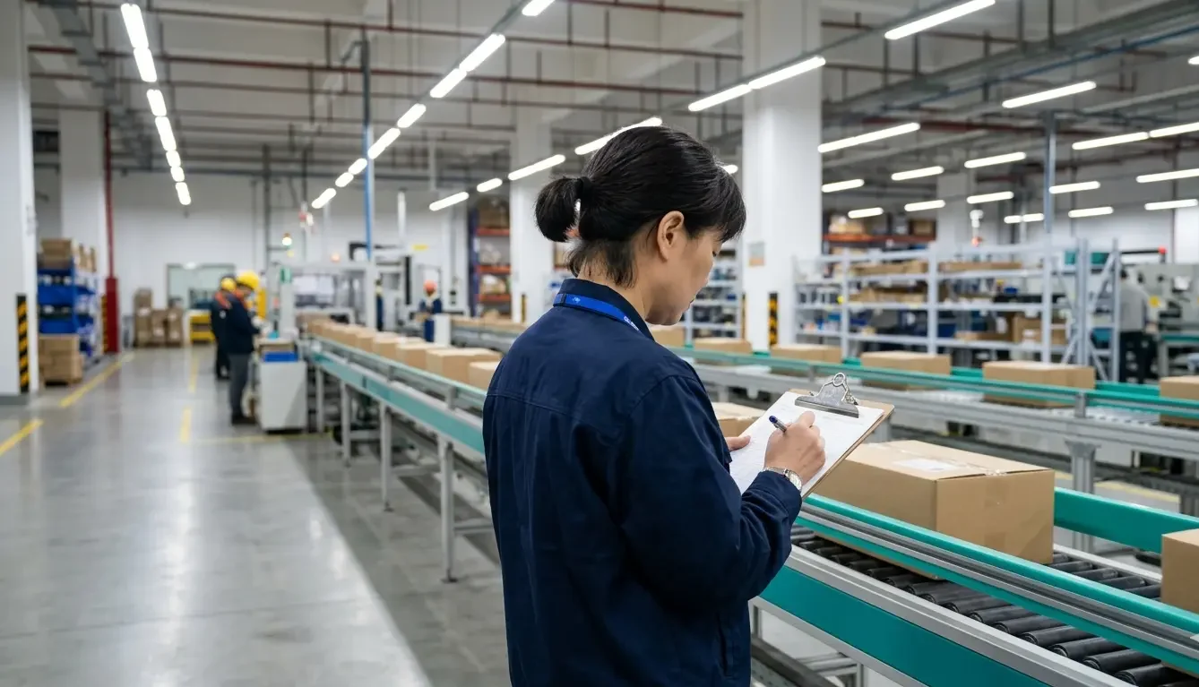 Quality inspector checks a factory production run in Guangdong, where supplier minimum order quantity rules shape output