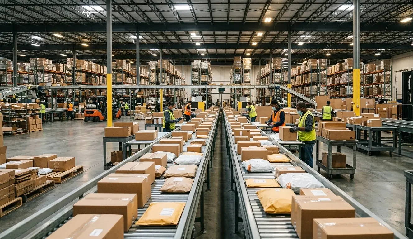 Shipping parcels on warehouse conveyor belt during ecommerce order fulfilment process