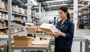 East Asian fulfillment manager inspecting custom packaging for ecommerce orders at a Shenzhen warehouse packing station