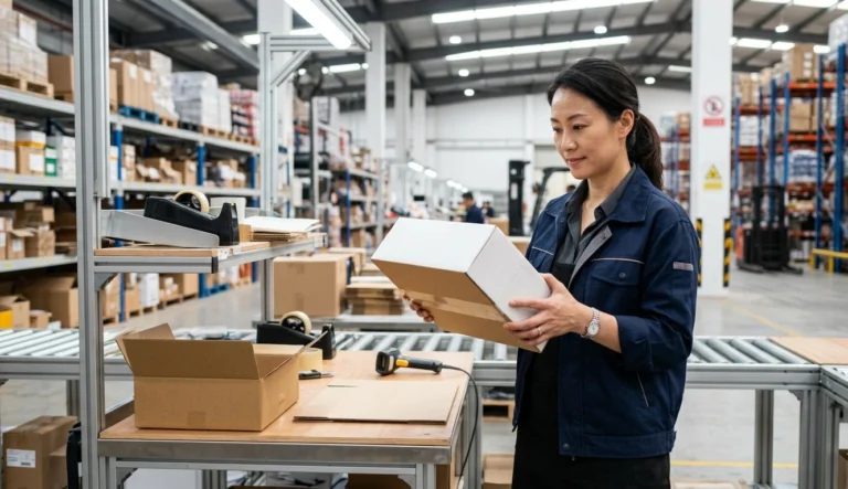 East Asian fulfillment manager inspecting custom packaging for ecommerce orders at a Shenzhen warehouse packing station