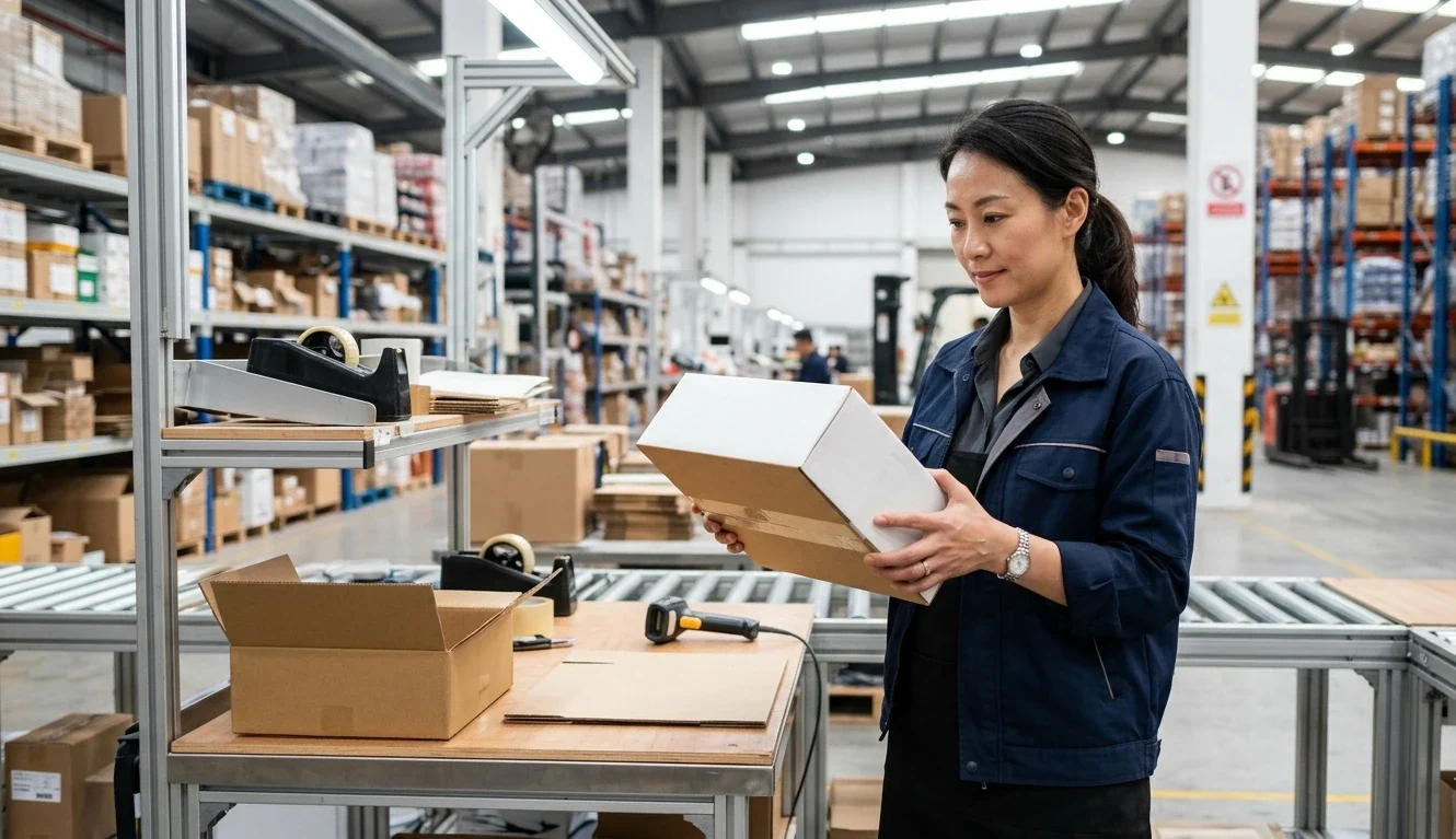 East Asian fulfillment manager inspecting custom packaging for ecommerce orders at a Shenzhen warehouse packing station