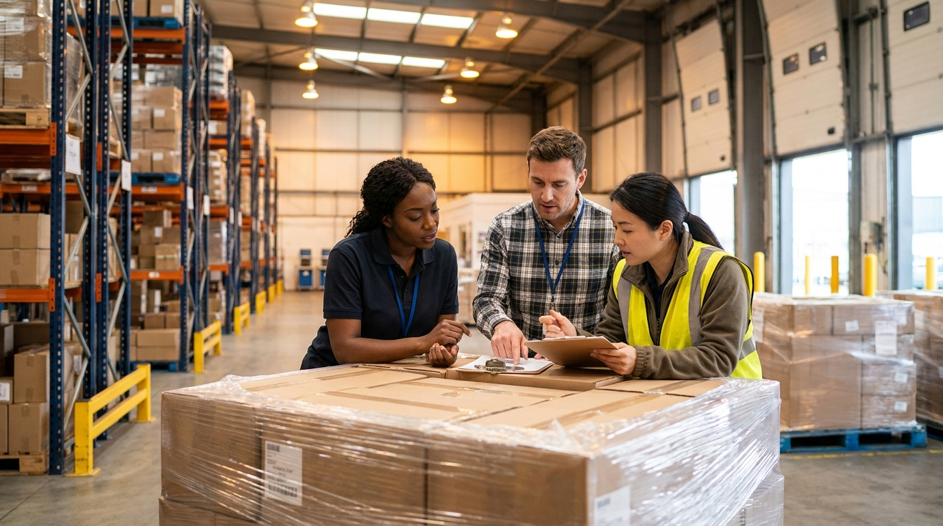 3PL fulfilment team reviewing branded white label product shipment at ecommerce warehouse ready for global customer dispatch.