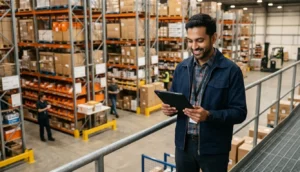Warehouse manager reviewing backorder inventory data on tablet in modern fulfillment centre