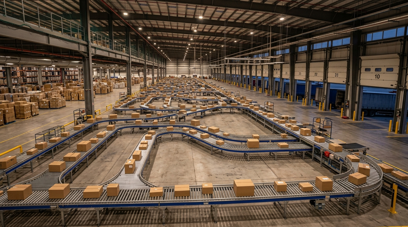 China warehouse dispatch floor with packed orders on conveyor belts for ecommerce stockout prevention and global fulfilment.