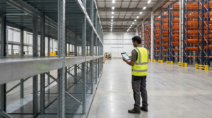 Warehouse manager reviewing WMS dashboard beside empty shelving bays showing a stockout in ecommerce inventory operations.