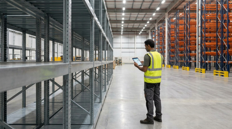 Warehouse manager reviewing WMS dashboard beside empty shelving bays showing a stockout in ecommerce inventory operations.