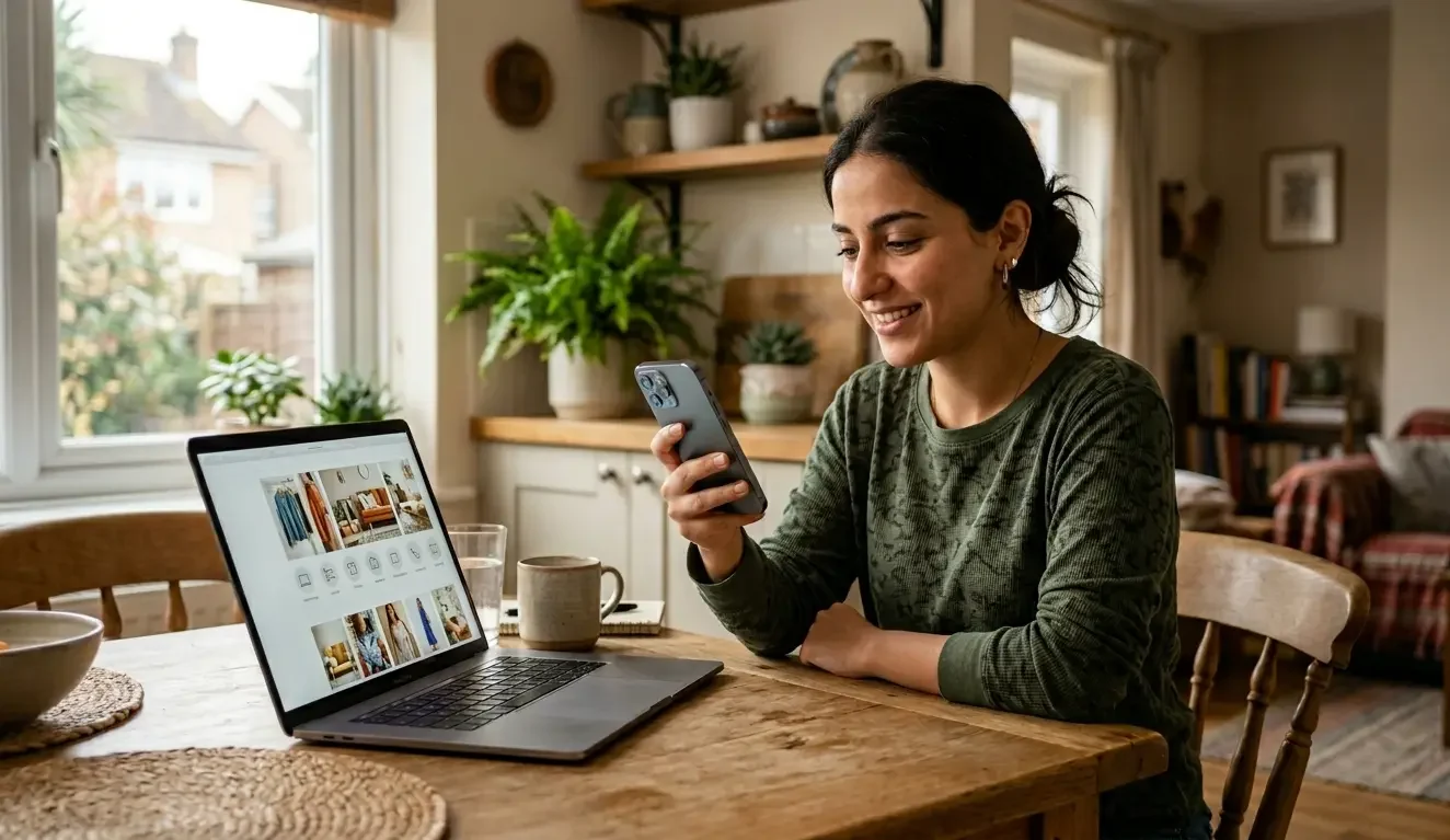 Woman checking Shein order delivery status on smartphone while shopping online at home