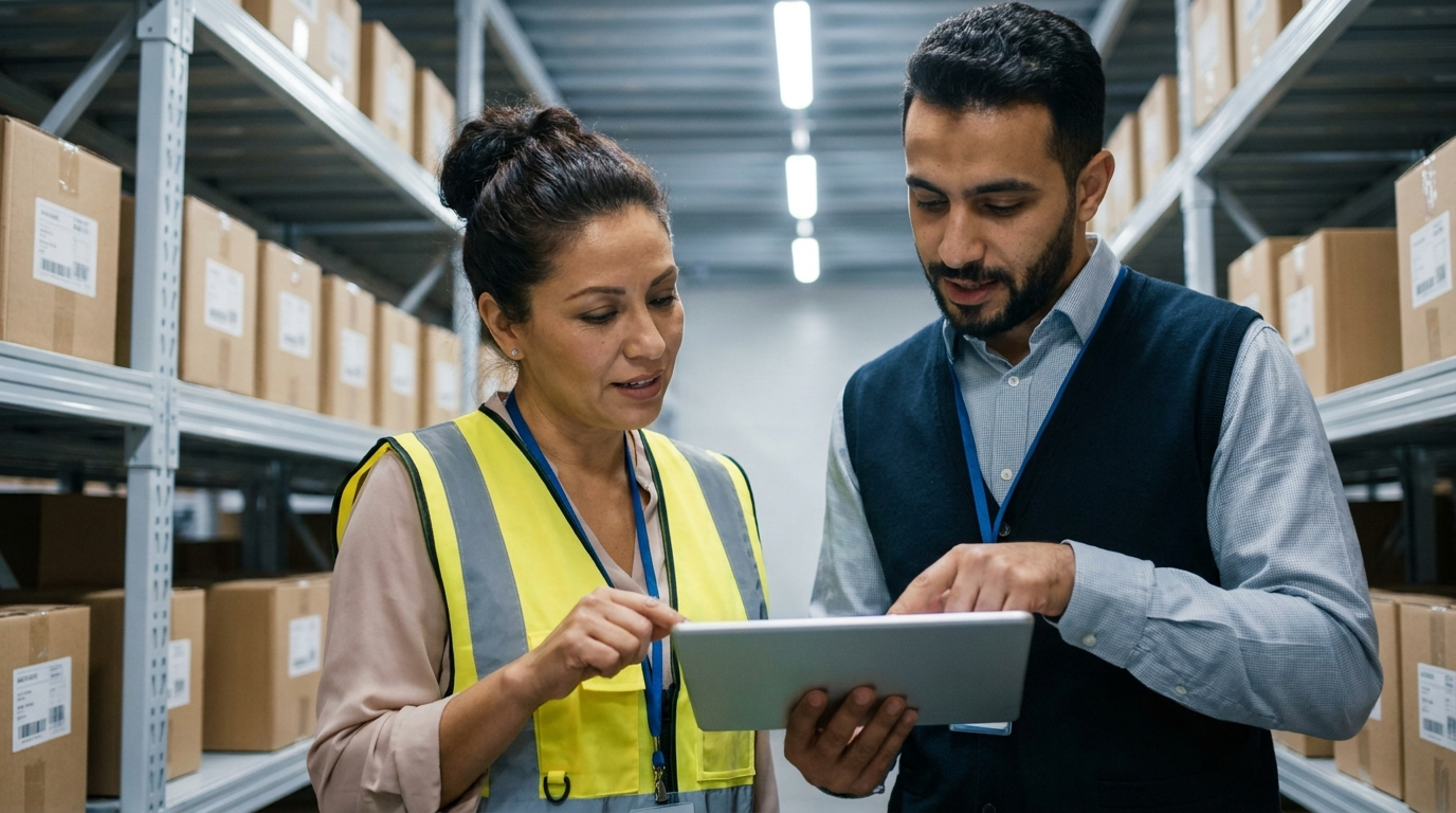 Fulfillment center operations team reviewing safety stock inventory levels at a Shenzhen 3PL warehouse managing ecommerce buffer stock