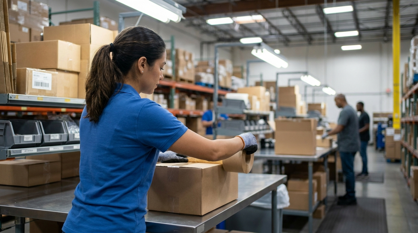 Fulfilment centre worker applying branded label to plain product box illustrating how white label ecommerce products are prepared for dispatch.