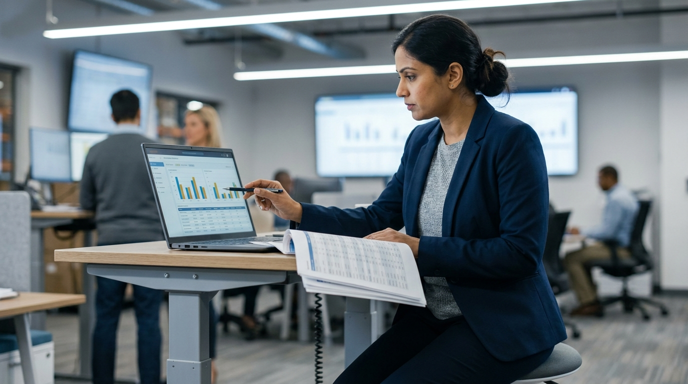 South Asian inventory planner identifying dead stock and slow moving products on an inventory dashboard in a modern logistics office