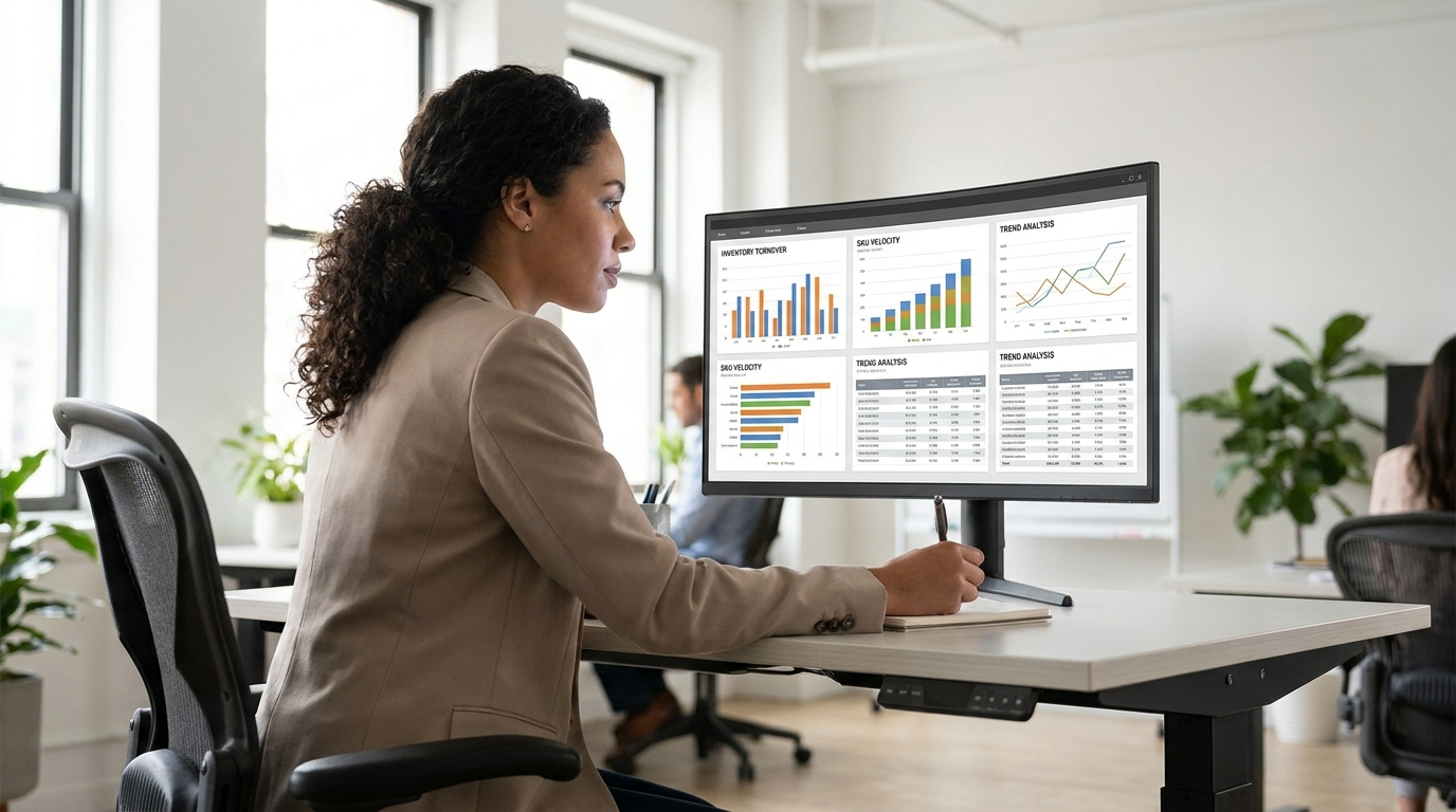 Ecommerce operations manager reviewing inventory turnover ratio analytics on monitor in modern office with natural daylight.