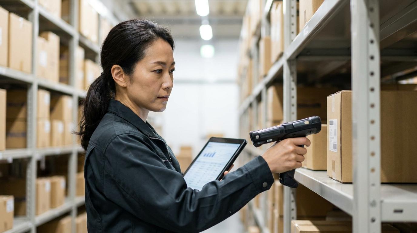 East Asian operations coordinator auditing dead stock and excess inventory on warehouse shelving using barcode scanner and inventory tablet