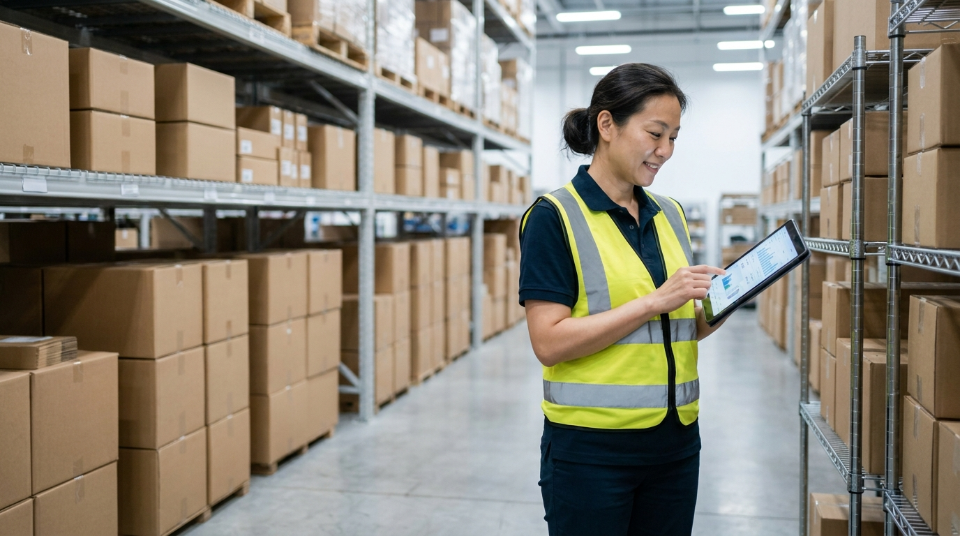 East Asian warehouse manager reviewing safety stock inventory levels on a tablet in a Shenzhen fulfillment center with organised shelving