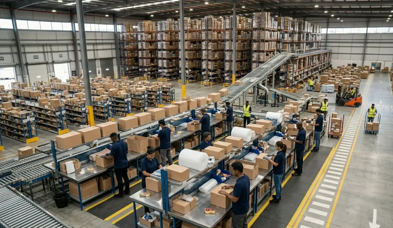 Workers at packing stations in modern ecommerce fulfilment warehouse picking and processing customer orders