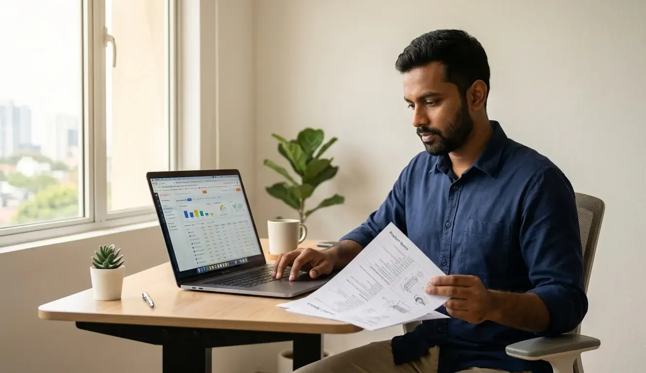 South Asian entrepreneur researching how to find manufacturers in China on a laptop comparing supplier platforms in a modern office