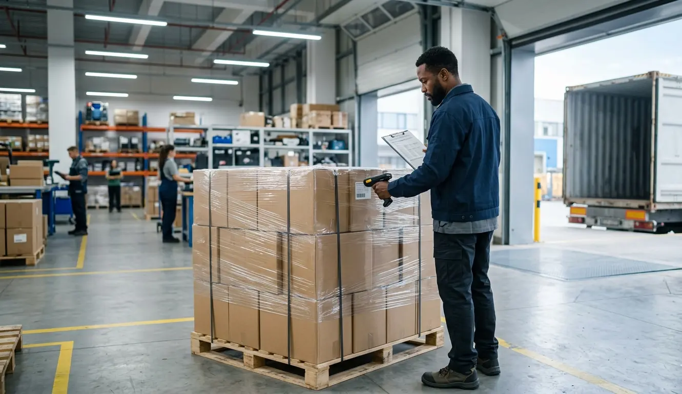 Black logistics coordinator inspecting inbound freight shipment at a Shenzhen China warehouse loading dock checking cargo against manifest