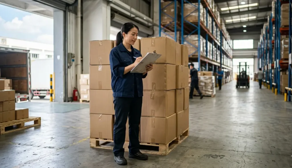 East Asian logistics professional reviewing inbound manufacturer shipment at a Shenzhen warehouse dock for ecommerce fulfillment