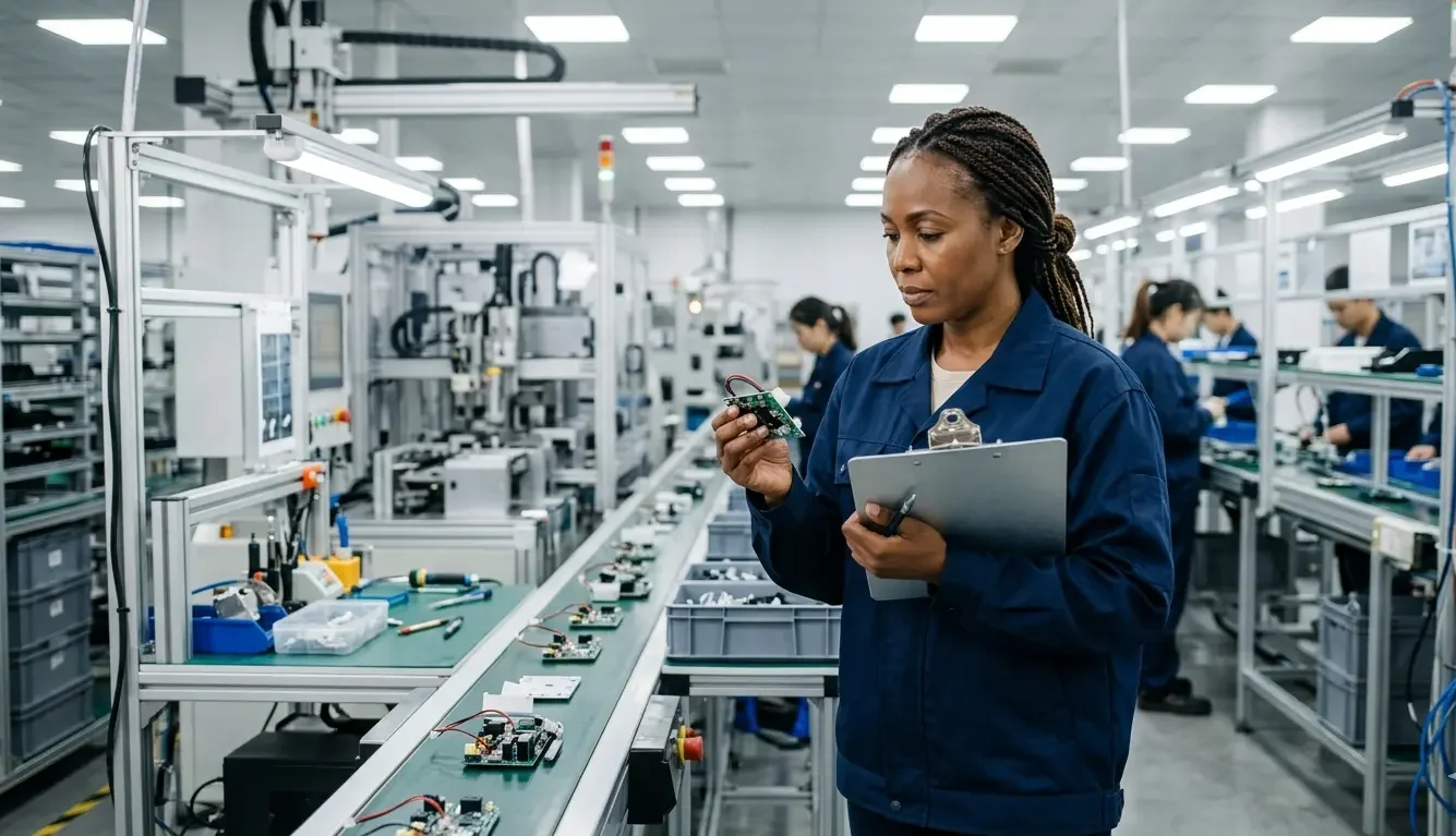 Black quality control inspector examining manufacturer product batch on a Guangdong China factory floor for ecommerce supplier verification