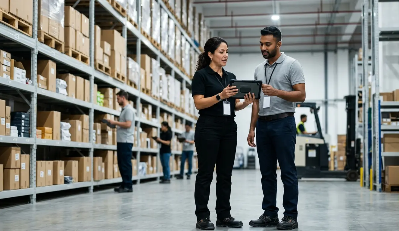 Fulfillment center team reviewing inbound freight tracking at a Shenzhen 3PL warehouse managing ecommerce shipments from incoterms handover