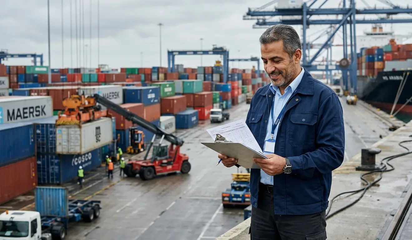 Middle Eastern freight manager reviewing incoterms shipping manifest at an international container port terminal with cargo visible