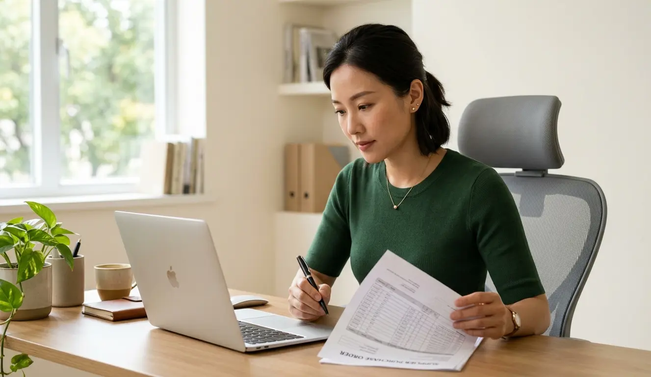 East Asian entrepreneur reviewing supplier incoterms purchase order document at a modern home office desk comparing contract terms