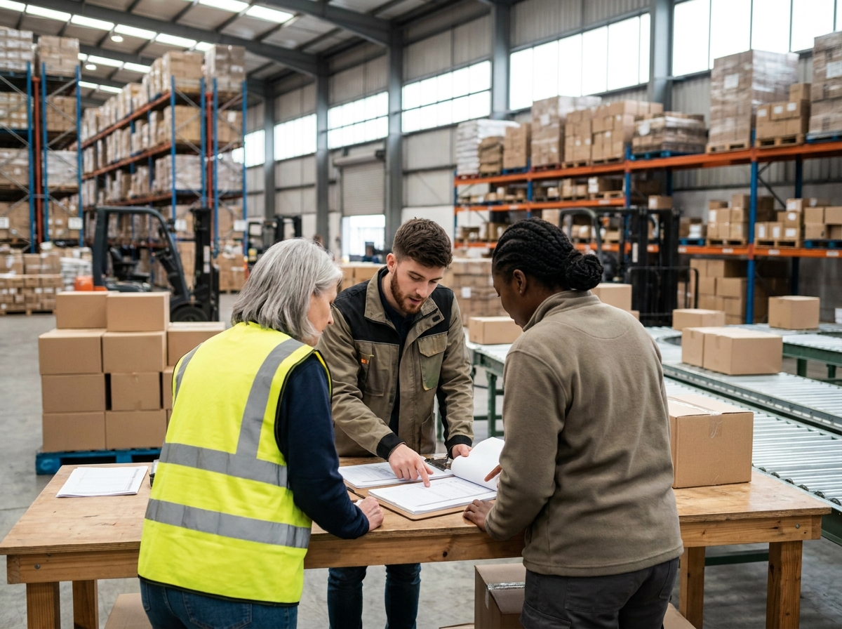 Fulfillment team coordinating a multi-channel shipment manifest across an international warehouse network