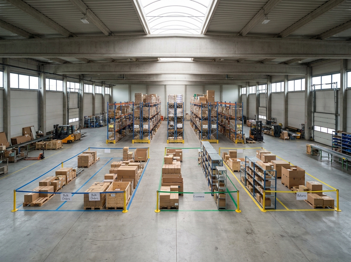 Conveyor sorting lanes representing order routing logic used in omnichannel fulfillment operations